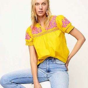 J. CREW yellow pink embroidered cotton top Small